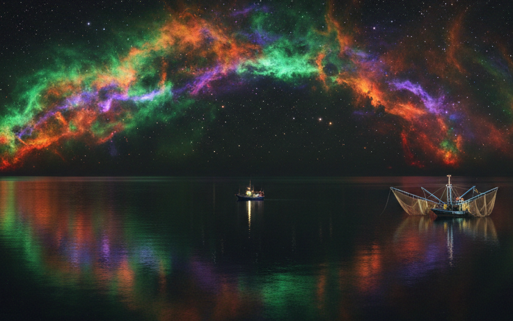 a fisher boat under a colourful night sky